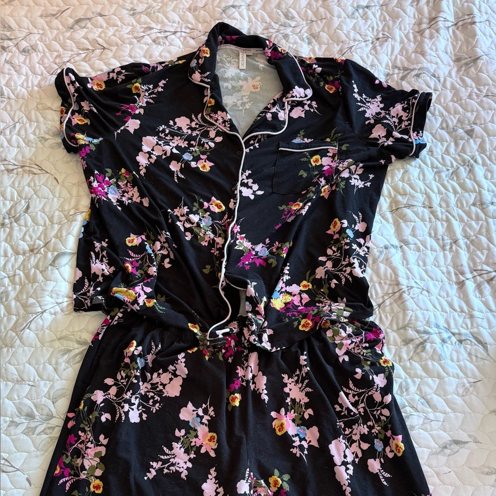 Floral Women's Pajama Set - Black with Multicolor Accents